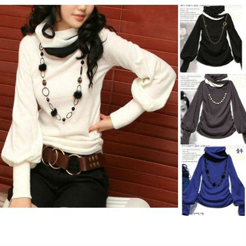 New Fashion Lantern Sleeve Women's Shirt Long-sleeved T-shirt Top 4 Colors 3718