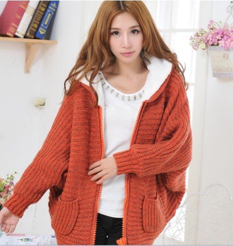 New Fashion Large Zipper Black Khaki Coral Thickened Bat-winging Winter Sweater Coat Mohair Warm Fleece Kniting Shirt