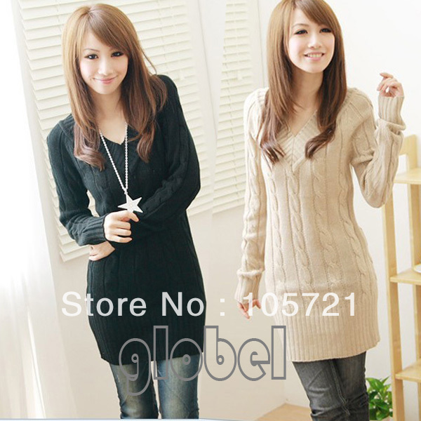 New Fashion Long Top Mini Dress womens Pullover V Neck Sweater Jumper Multicolor (HR456)