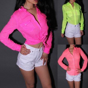 New Fashion Neon Colors fluorescent color Shirts Women turn-down collar long-sleeve Sexy Blouse Lady Soild Slim Shirts