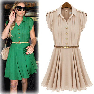 new  fashion ol high waist slim turn-down collar short-sleeve single breasted chiffon pleated women  dress