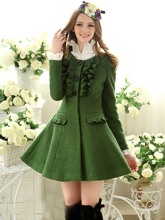 new fashion outwear green falbala for sweet lady collect waist big pendulum cloth coat women's winter coat