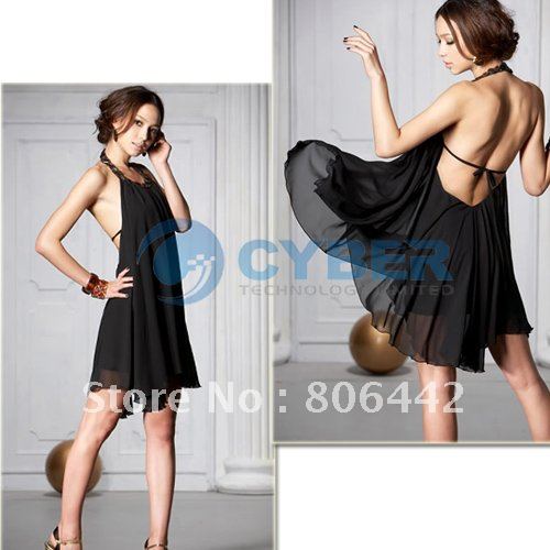 New Fashion Sexy Backless Halter Chiffon Dress,Collarband Inlaid Jewel Ladies' Dress Black Free Shipping