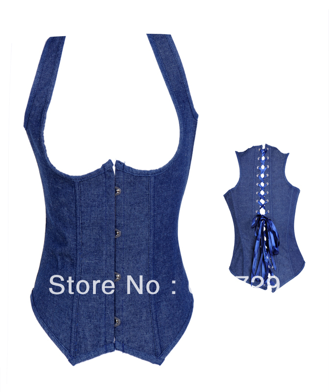 New fashion Sexy blue jeans underbust outwear with strapshaper Lace up boned Corset Bustier +G-string S-XXL