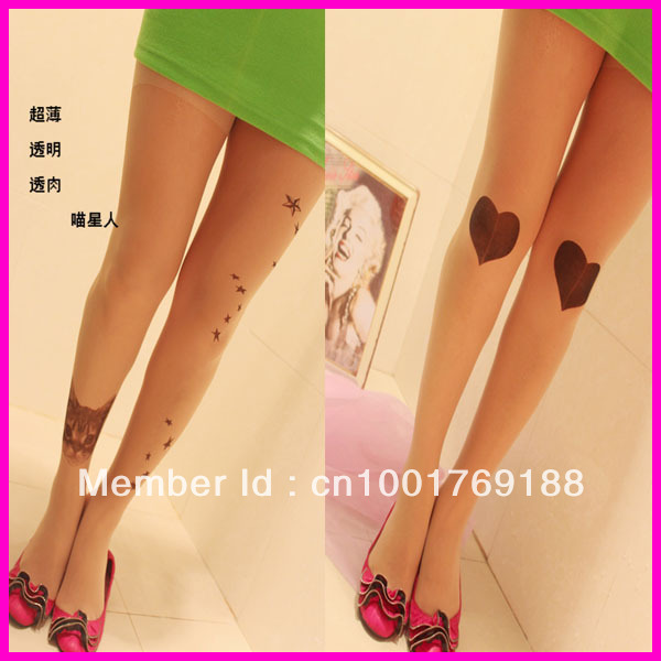 new fashion sexy cat heart tattoo pattern transparent pantyhose stockings tights legging free shipping