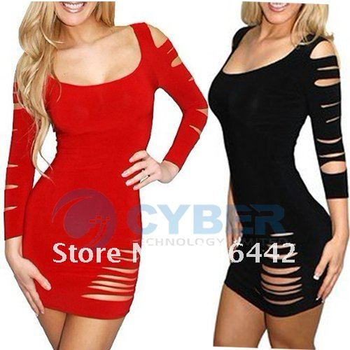 New Fashion Sexy Women Dress Little Get Ripped Cut Out Slashed Sleeve Ripped Slashed Club Party Mini Dresses + T-back