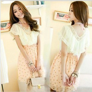 New fashion summer chiffon skirt women's elegant dot V-neck laciness chiffon one-piece women's dress