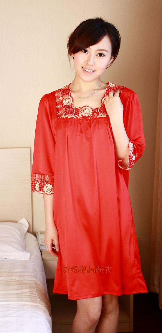 New Fashion Summer women's faux silk plus size nightgown red solid color summer short-sleeve silk lounge Free shipping