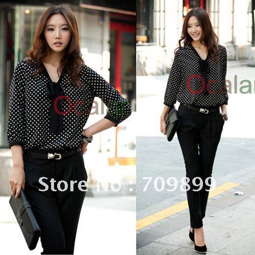 New Fashion Vintage Polka Dots Sexy Women OL Party Club Chiffon Top Shirt Blouse E0343