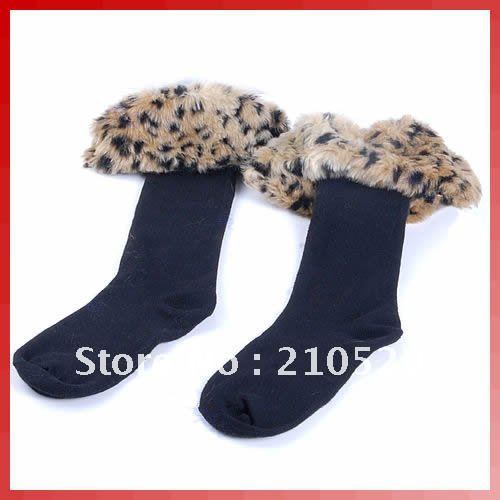 New Fashion Warm Cotton Half Long Socks Faux Fur Cover Boot Shoes Leopard Stockings Free Shipping