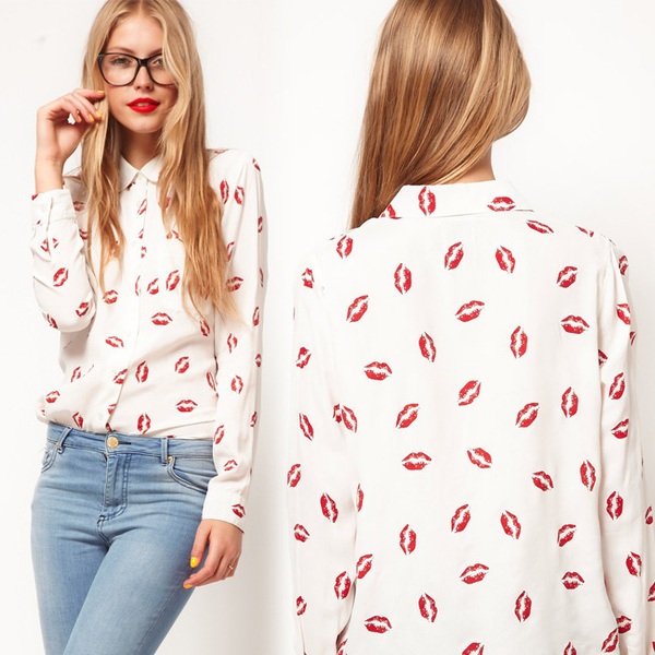 New Fashion Western Style Sexy Lip Print Slim Women Long Sleeve TOP Shirt Blouse #L034545