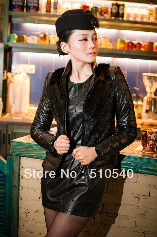 new fashion winter 2012 lamb leather ladies short top with real mink fur trim women's down filled jacket missy size solid color