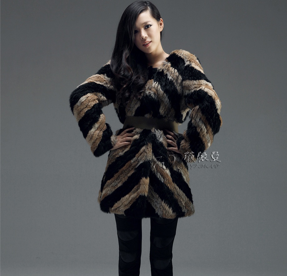 New Fashion Women A501 Knit real rabbit fur long vest gilet with coat jacket