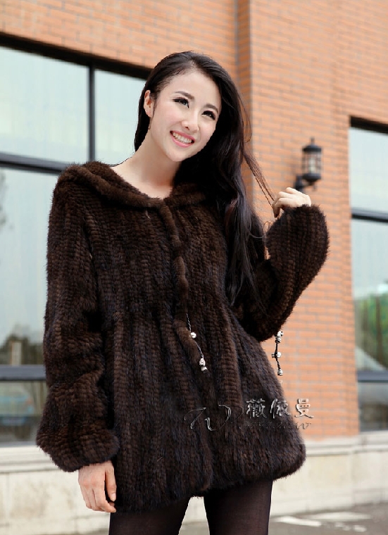 New Fashion Women A595 knit real Mink fur 2 colour coat Jacket overcoat with hood