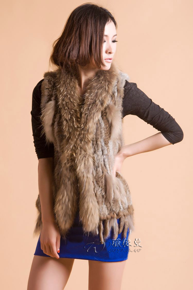 New Fashion Women B1 Knit Real Rabbit fur Vest Gilet With Raccoon Fur Collar Coat Jacket