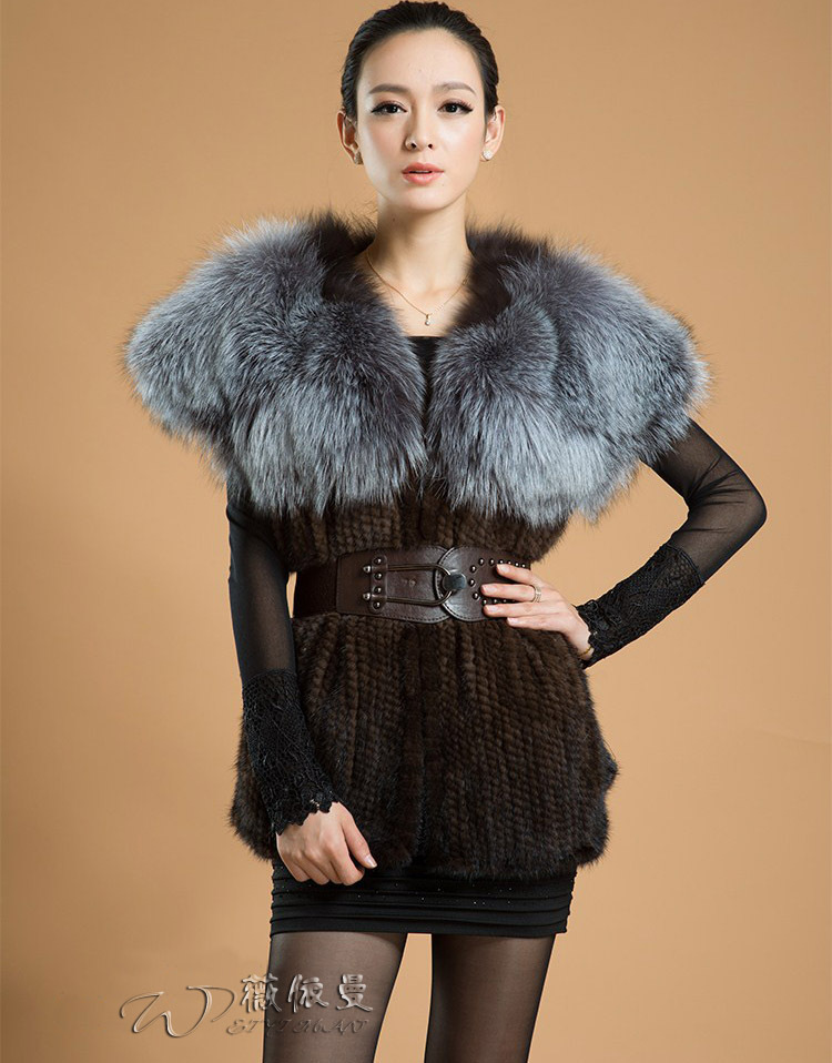 New Fashion Women B30 Knit Real Mink fur Vest Gilet With Silver fox Fur Collar 2 colour Coat Jacket