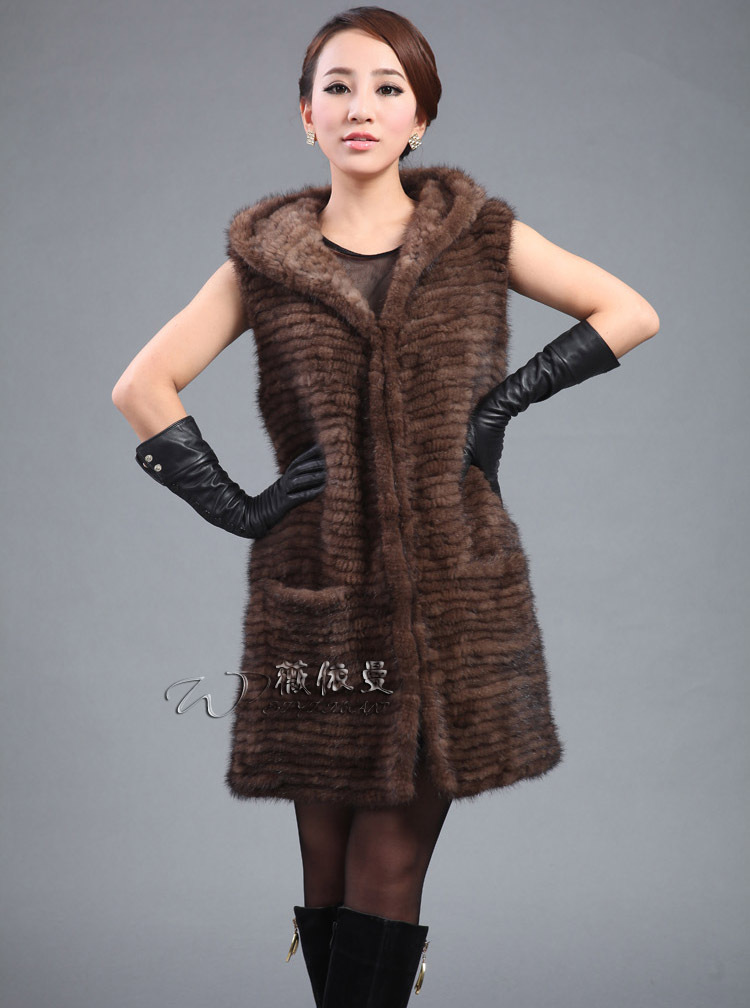 New Fashion Women B32 real knitted mink fur long vest coat wrap jacket with hood