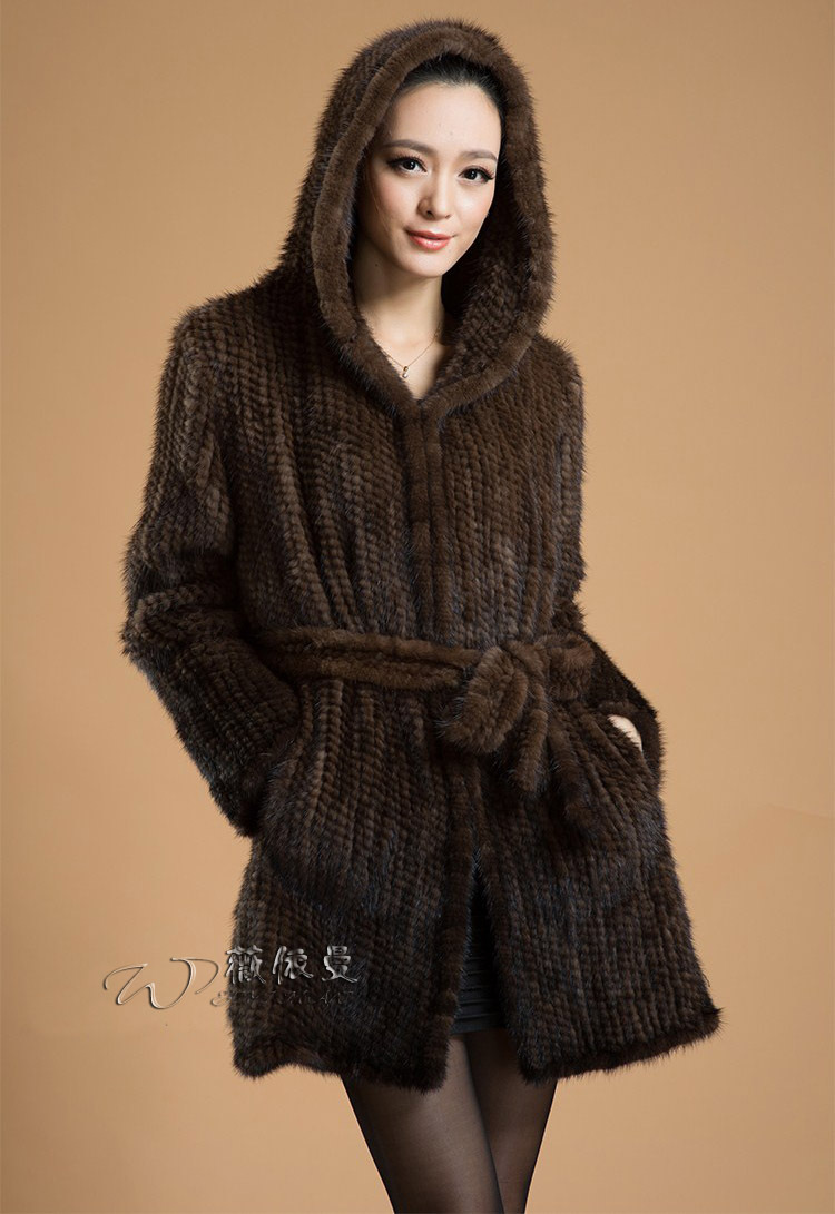 New Fashion Women B35 Knit Real Mink fur 2colour Coat Jacket overcoat with hood