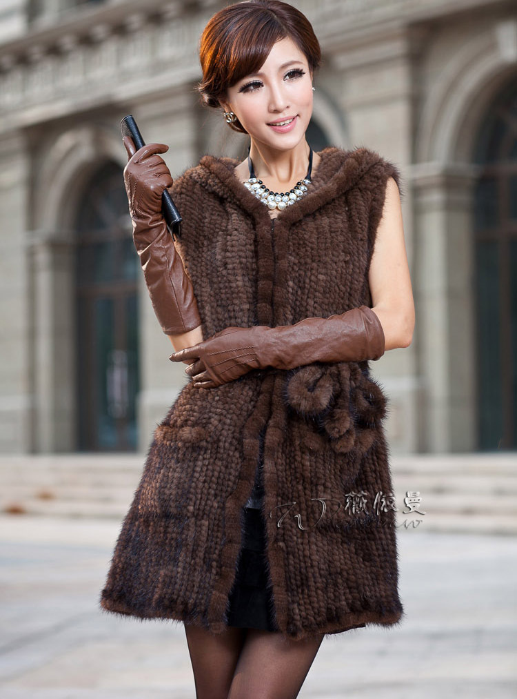 New Fashion Women B38 real mink fur long vest jacket coat with hood