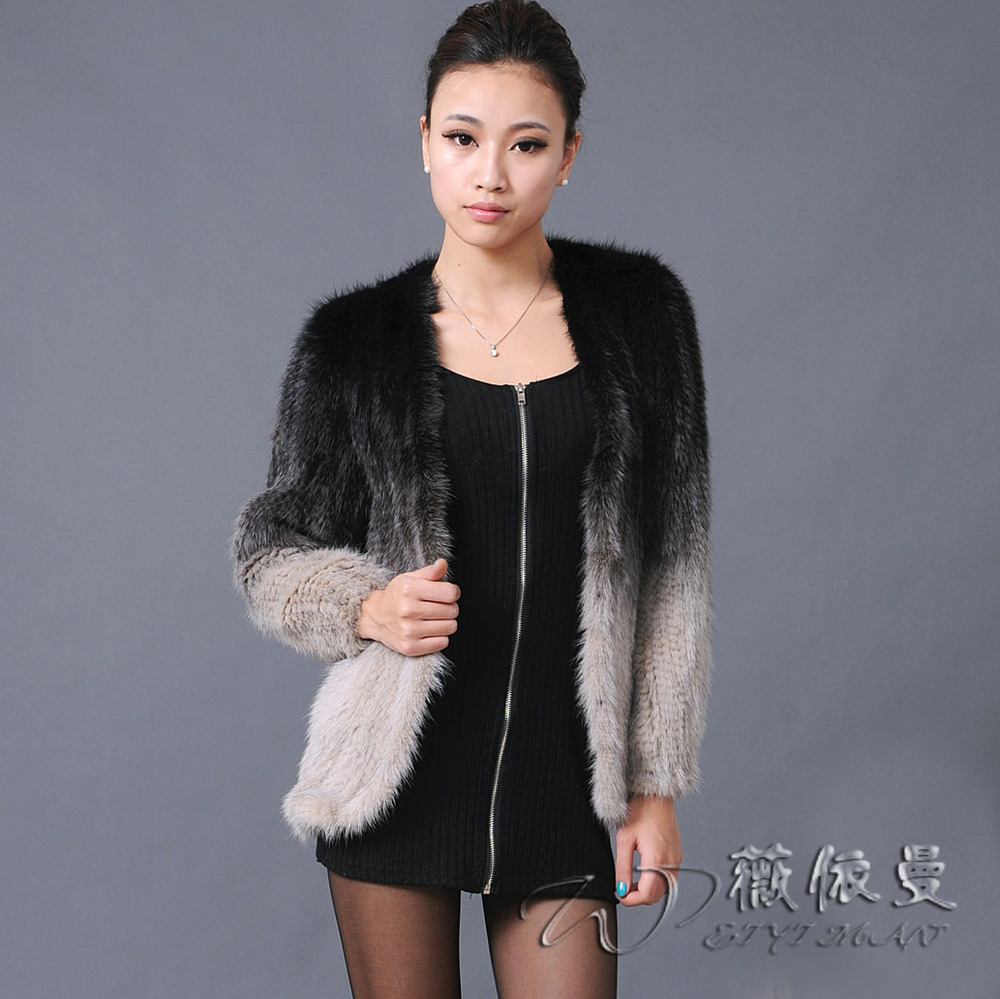 New Fashion Women B7 Knit Real Mink fur Coat Jacket gradient colour