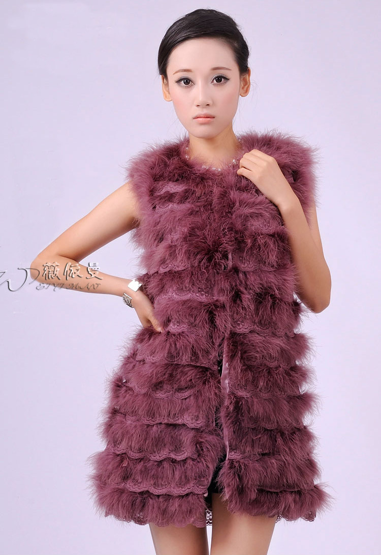 New Fashion Women B9  Real Turkey Fur With Lace Long Vest Gilet Coat Jacket