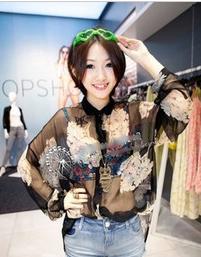 NEW  FASHION  WOMEN CASUAL LOOSE  TURN DOWN COLLAR NECK BLACK COLOR AND FLORAL  LONG SLEEVE  CHIFFON SHIRT