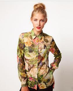 NEW  FASHION WOMEN CLASSICS FULL FLORAL  PRINT LONG  SLEEVE TURN DOWN COLLAR CHIFFON BLOUSE SHIRT