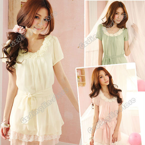 New Fashion Women Ladies Short Sleeve Stylish Tunic Casual Lace Chiffon Mini Dress Pink Green S Size Free Shipping 0420