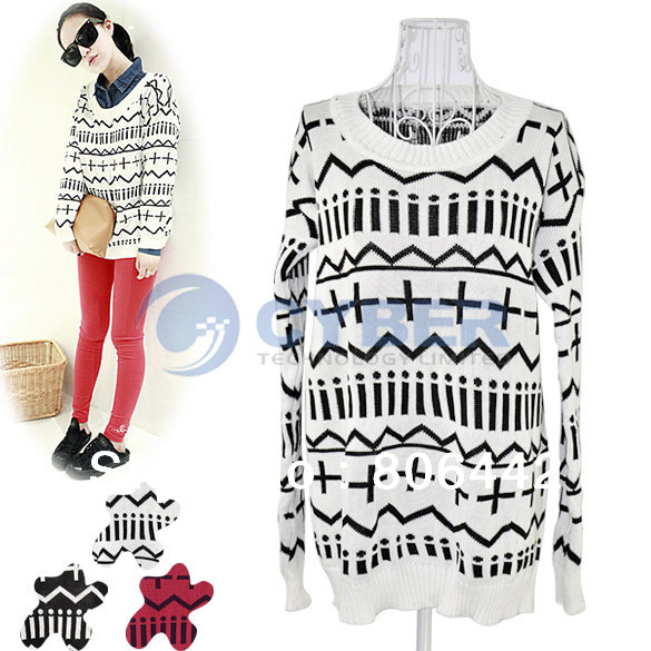 New Fashion Women Lady Loose Pullover Knitting Sweater Sign Pattern Top Blouse Free Shipping 8093