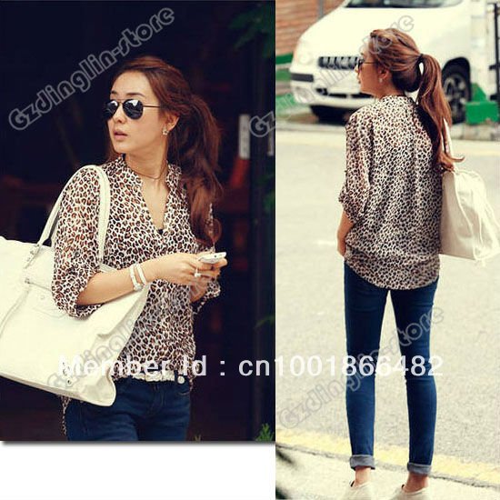 New Fashion Women's 3/4 Sleeve Casual Leopard Print Chiffon Shirt Tops Botton Down Blouses Size S M L Free Shipping 0270