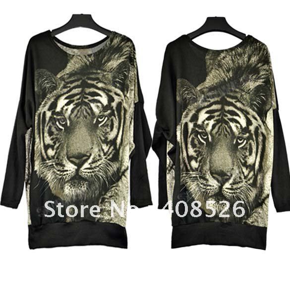 New Fashion Women's Batwing Jumper Tiger-Print Long Sleeve Sweater Tops 2 Colors free shipping 7700