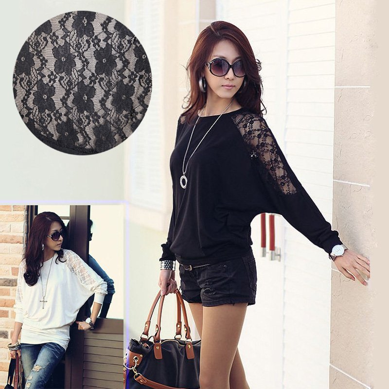 New Fashion Women's Blouse Batwing Sleeve Loose Tops T-shirt Cotton Lace 2 Color Black / White ,Free Shipping Wholesale