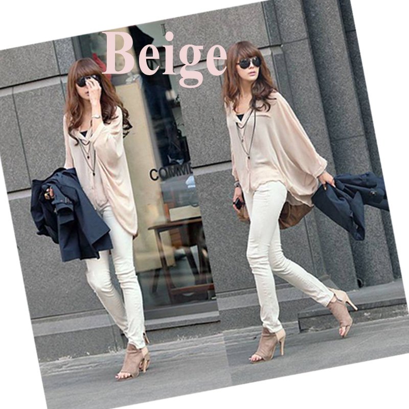 New Fashion Women's Blouse Chiffon Batwing BOHO Tops Asym Hem Beige,Free Shipping  Dropshipping