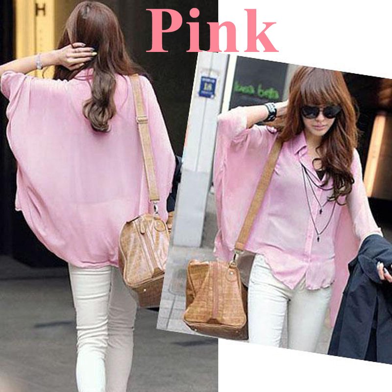 New Fashion Women's Blouse Chiffon Batwing BOHO Tops Asym Hem Pale Pink ,Free Shipping Dropshipping Wholesale