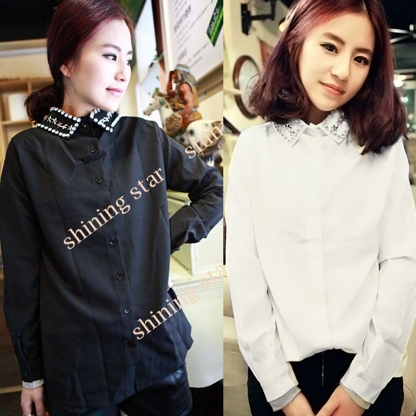 New Fashion Women's Bright Rhinestone Turndown Collar Long Sleeve Chiffon Shirt Bottoming Shirt Blouse 2 Colors S11028