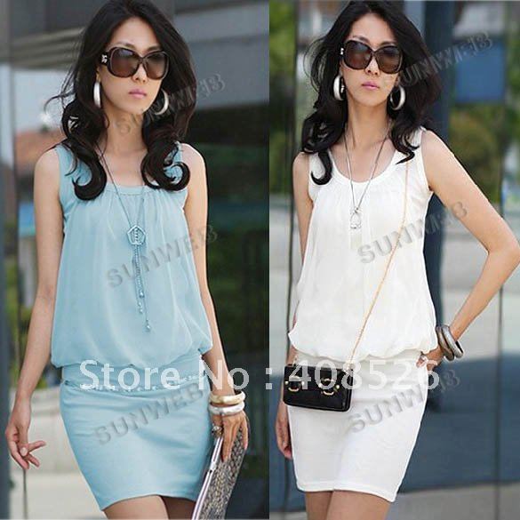 New Fashion Women's Causal Sleeveless Chic Tunic Cotton Chiffon Mini Crewneck Dress Black, White, Blue, Pink Free Shipping 3678