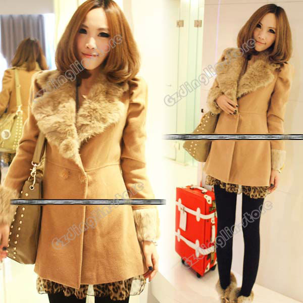 New Fashion Women's Clothing Long Puff Sleeve Winter Casual Woolen Jacket Coats Overcoat Camel Size S M L Free Shipping 0066