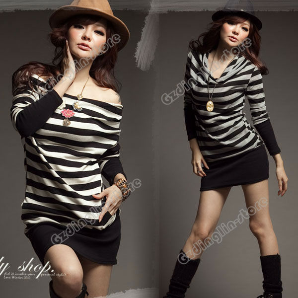 New Fashion Women's Clothing Stylish Long Sleeve Zebra Stripe Cotton Blend Casual Sexy Mini Dress Size S Free Shipping 0273