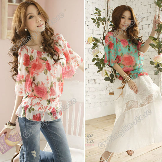 New Fashion Women's Clothing Sweet Short Sleeve Rose Print Casual Chiffon Loose Shirt Blouse Tops Size M Free Shipping 0601