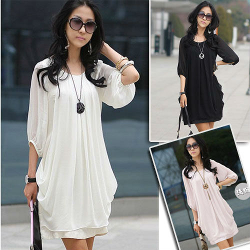 New Fashion Women's Crew Neck Graceful Casual Short Sleeve Chiffon Mini Dress Pink White Black M L XL Size Free Shipping 0023