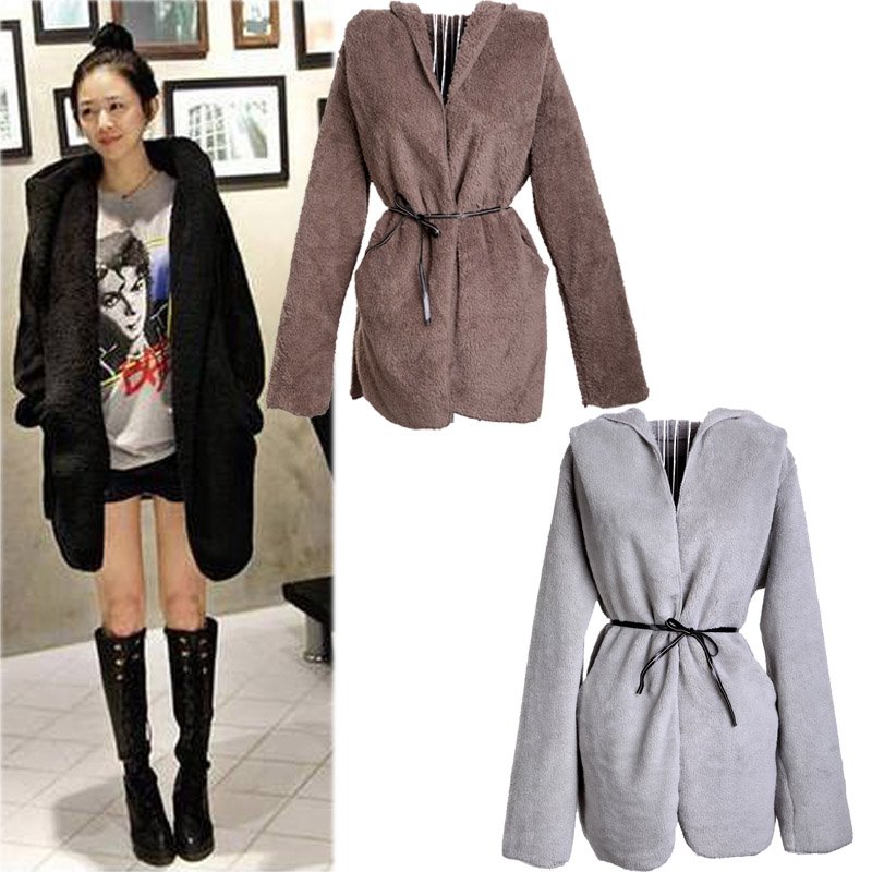 New Fashion Women's Fluffy Hoodie Coat Warm Down Cardigan Outerwear Jacket Tops One Size Black/Brown/Gray, Free Shipping