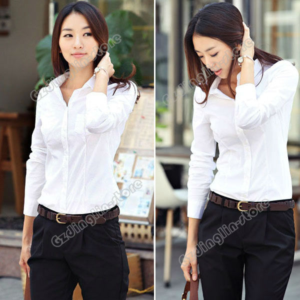 New Fashion Women's Ladies Long Sleeve Solid Color White Casual Business Wear Tops Blouse Shirt S M L Free Shipping 0707