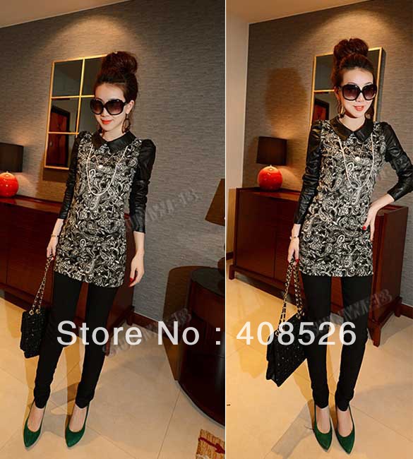 New Fashion Women's Lapel Slim Leather Splicing Long Sleeve Print Dress free shipping 10224