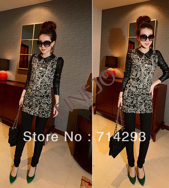 New Fashion Women's Lapel Slim Leather Splicing Mini Long Sleeve Dress Free shipping 10224