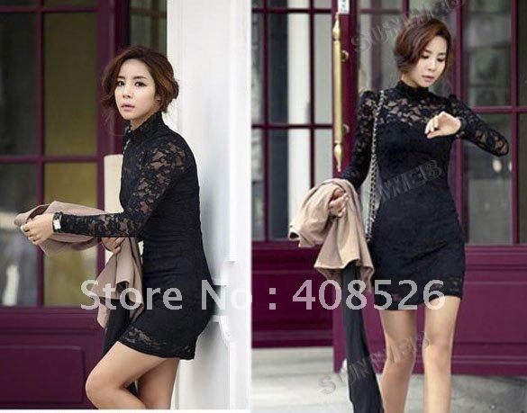 new fashion Women's Long Sleeve Sexy lace Dress Bubble Shoulder black free shipping  2449