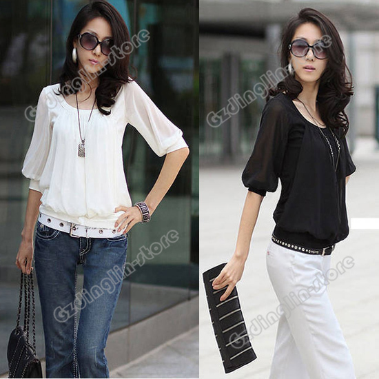 New Fashion Women's OL Short Sleeve Crew Neck Casual Chiffon Tops Blouses Shirt Solid White Black Size XS S M Free Shipping 0438