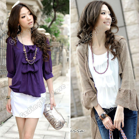 New Fashion Women's Short Half Sleeve Crew Neck Wave Style Casual Chiffon Shirt Blouse Tops Summer Size S Free Shipping 0615