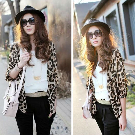 New Fashion Women's Short Sleeve Ladies Clothing Leopard Chiffon Casual Tunic Cardigan Blouse Tops Size S Free Shipping 0229