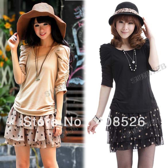 New Fashion Women's Splicing False two pieces Puff Sleeve Dot Mini Cotton Blends+ Chiffon Dress Free shipping 11008