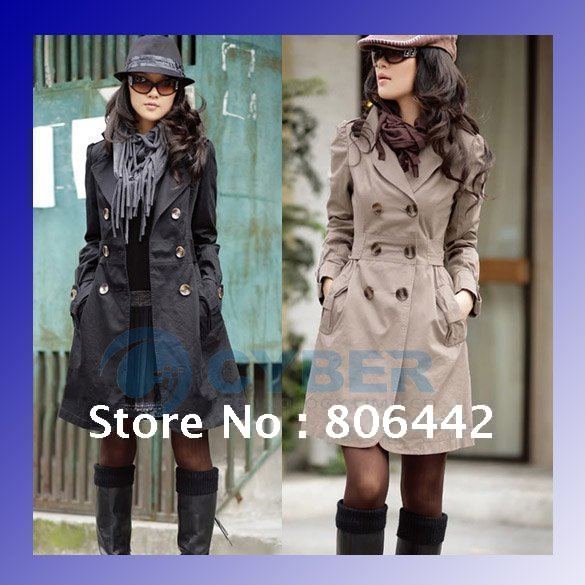 New Fashion Women Slim Double-breasted Trench Coat,Casual Long Outwear M,L,XL Sizes Free Shipping 3375